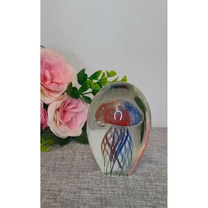 Art Glass Paper Weight‎ Red & Blue Jelly Fish, 4in Tall